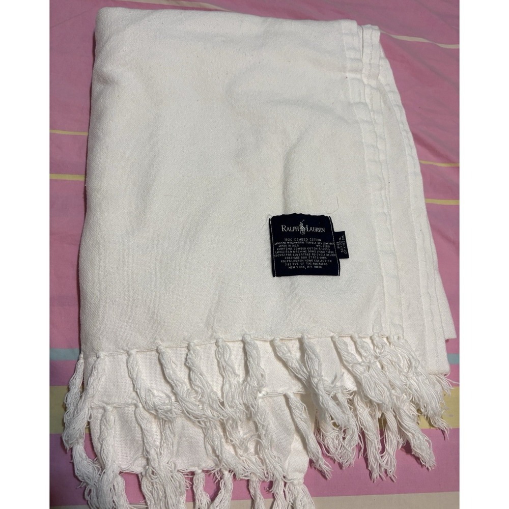 Vtg Ralph Lauren White Throw Blanket 100% Cotton Lightweight Fringed 54 x 72